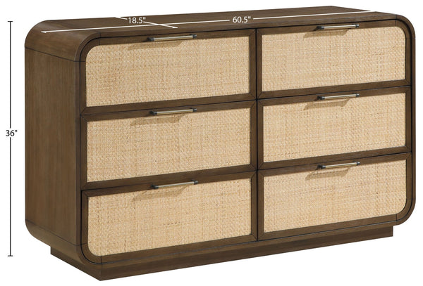 Meridian Furniture Windsor Solid Wood Dresser with Cane Panels Mid-century Style for Bedroom Storage and Warmth Brown 66072Brown-D
