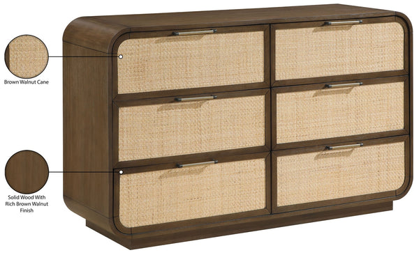 Meridian Furniture Windsor Solid Wood Dresser with Cane Panels Mid-century Style for Bedroom Storage and Warmth Brown 66072Brown-D