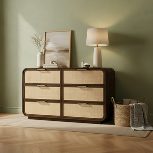 Meridian Furniture Windsor Solid Wood Dresser with Cane Panels Mid-century Style for Bedroom Storage and Warmth Brown 66072Brown-D