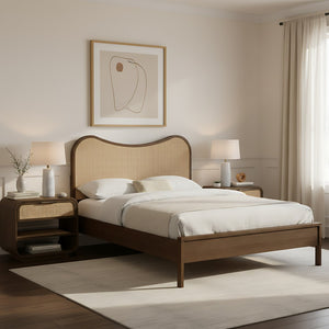 Meridian Furniture Windsor Solid Wood Full Bed with Cane Panels and Slatted Base for Mid-century Modern Bedrooms Brown 66072Brown-F