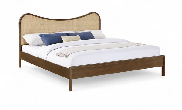Meridian Furniture Windsor Solid Wood King Bed with Cane Panels Mid-century Modern Style for Bedroom Decor Brown 66072Brown-K