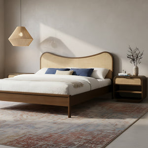 Meridian Furniture Windsor Solid Wood King Bed with Cane Panels Mid-century Modern Style for Bedroom Decor Brown 66072Brown-K