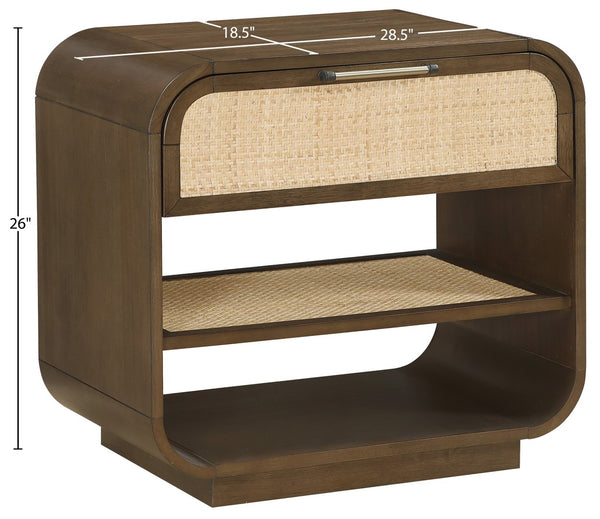 Meridian Furniture Windsor Solid Wood Nightstand with Cane Panels Mid-century Modern Bedside Storage Table Brown 66072Brown-NS