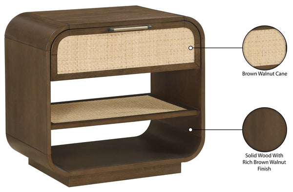 Meridian Furniture Windsor Solid Wood Nightstand with Cane Panels Mid-century Modern Bedside Storage Table Brown 66072Brown-NS