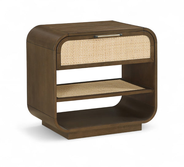 Meridian Furniture Windsor Solid Wood Nightstand with Cane Panels Mid-century Modern Bedside Storage Table Brown 66072Brown-NS