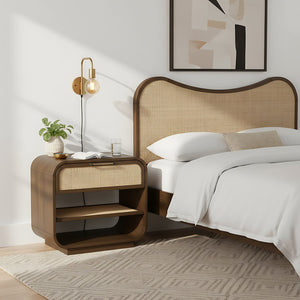 Meridian Furniture Windsor Solid Wood Nightstand with Cane Panels Mid-century Modern Bedside Storage Table Brown 66072Brown-NS