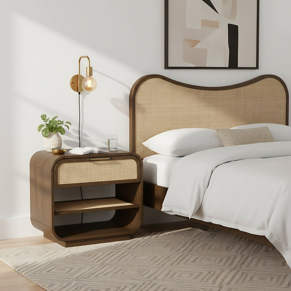 Meridian Furniture Windsor Solid Wood Nightstand with Cane Panels Mid-century Modern Bedside Storage Table Brown 66072Brown-NS