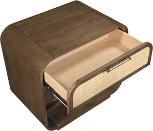 Meridian Furniture Windsor Solid Wood Nightstand with Cane Panels Mid-century Modern Bedside Storage Table Brown 66072Brown-NS