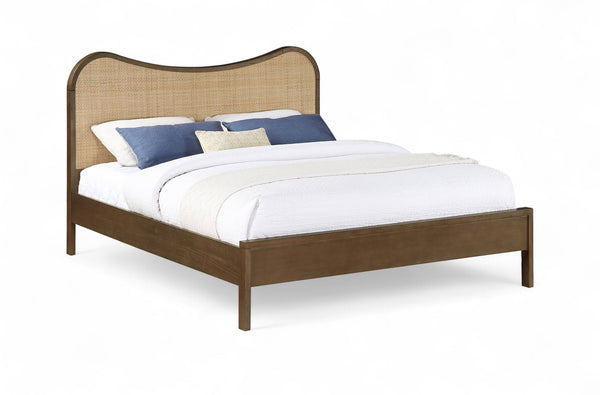 Meridian Furniture Windsor Solid Wood Queen Bed with Cane Headboard Mid-century Style Bedroom Frame Brown 66072Brown-Q