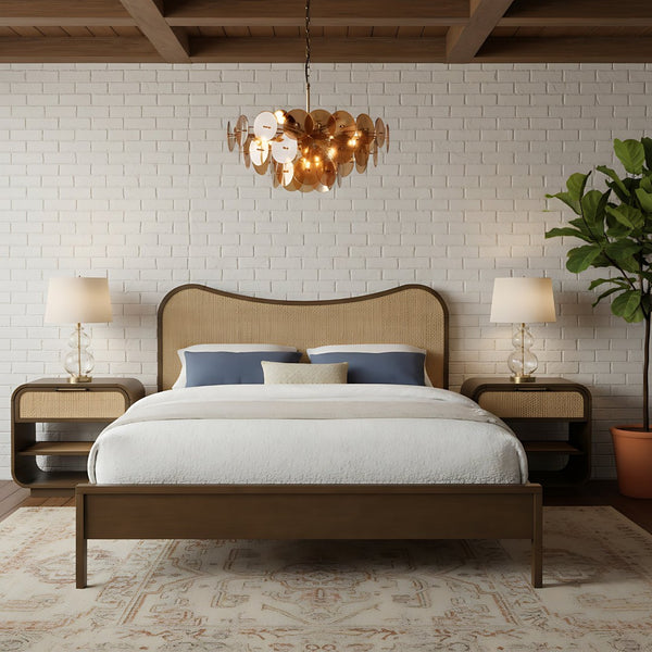Meridian Furniture Windsor Solid Wood Queen Bed with Cane Headboard Mid-century Style Bedroom Frame Brown 66072Brown-Q