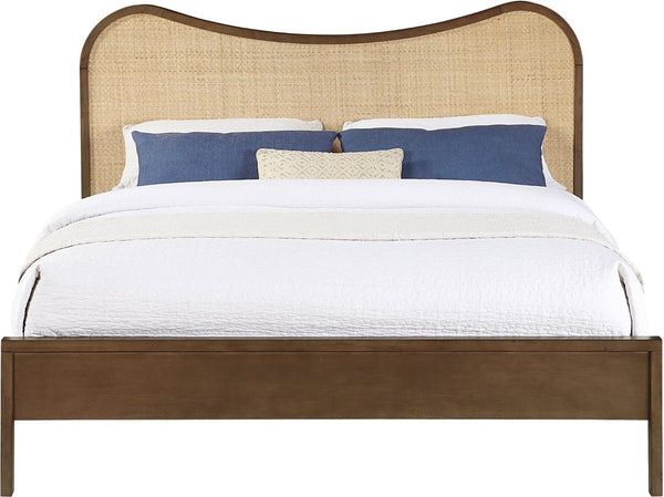 Meridian Furniture Windsor Solid Wood Queen Bed with Cane Headboard Mid-century Style Bedroom Frame Brown 66072Brown-Q