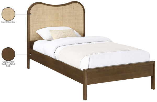 Meridian Furniture Windsor Solid Wood Twin Bed with Cane Panel Headboard for Mid-century Modern Bedroom Style Brown 66072Brown-T