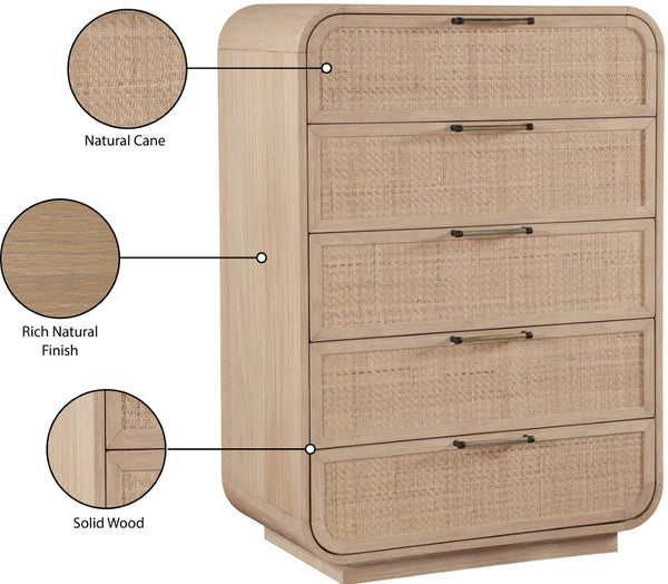 Meridian Furniture Windsor Solid Wood Chest with Cane Drawer Fronts for Mid-century Bedroom or Entryway Storage Natural 66072Natural-CH