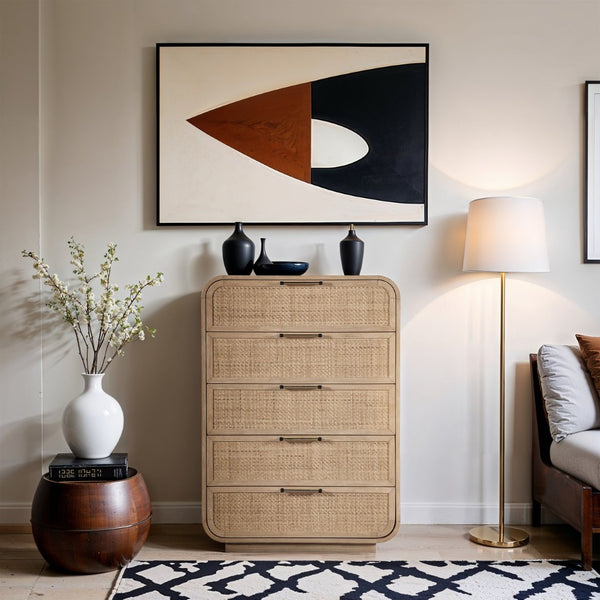 Meridian Furniture Windsor Solid Wood Chest with Cane Drawer Fronts for Mid-century Bedroom or Entryway Storage Natural 66072Natural-CH
