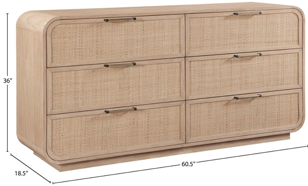 Meridian Furniture Windsor Solid Wood Dresser with Cane Panels Mid-century Style for Bedroom Storage and Warmth Natural 66072Natural-D