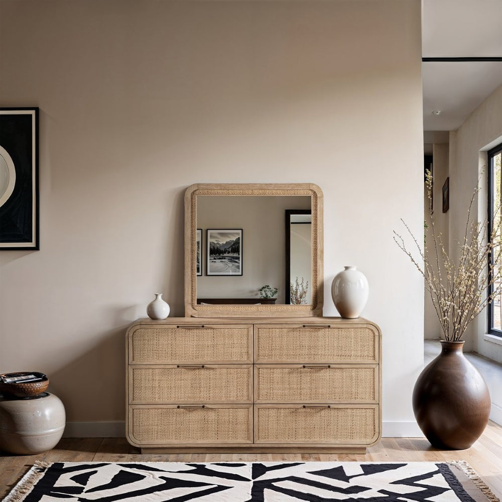 Meridian Furniture Windsor Solid Wood Dresser with Cane Panels Mid-century Style for Bedroom Storage and Warmth Natural 66072Natural-D