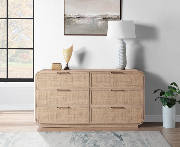 Meridian Furniture Windsor Solid Wood Dresser with Cane Panels Mid-century Style for Bedroom Storage and Warmth Natural 66072Natural-D