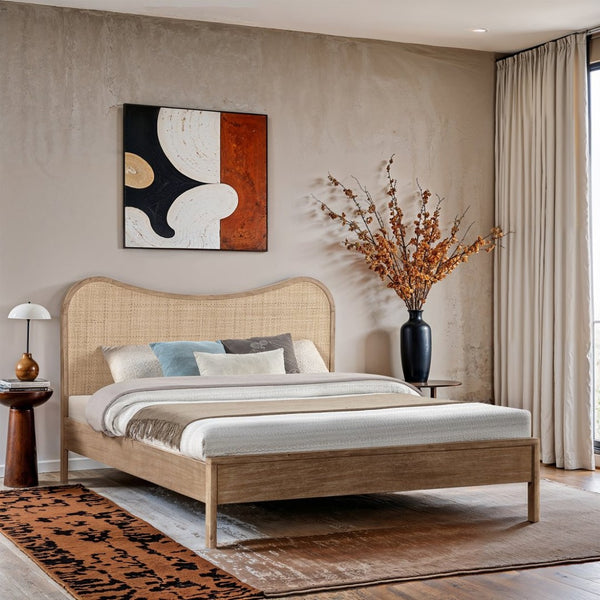 Meridian Furniture Windsor Solid Wood King Bed with Cane Panels Mid-century Modern Style for Bedroom Decor Natural 66072Natural-K