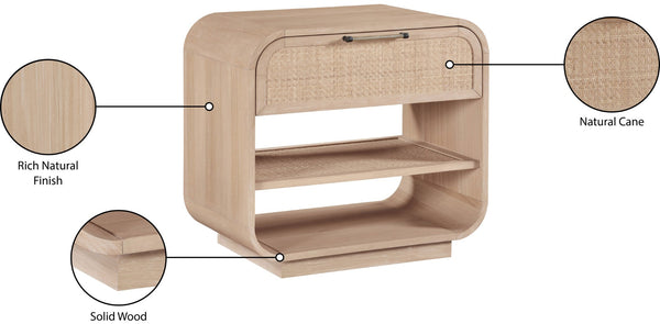 Meridian Furniture Windsor Solid Wood Nightstand with Cane Panels Mid-century Modern Bedside Storage Table Natural 66072Natural-NS