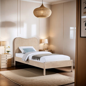 Meridian Furniture Windsor Solid Wood Twin Bed with Cane Panel Headboard for Mid-century Modern Bedroom Style Natural 66072Natural-T