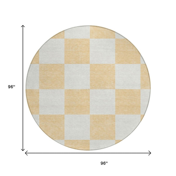 HomeRoots 8' Peach and Beige Round Geometric Area Rug - Stylish, Washable, Durable for Indoor & Outdoor Spaces 660735