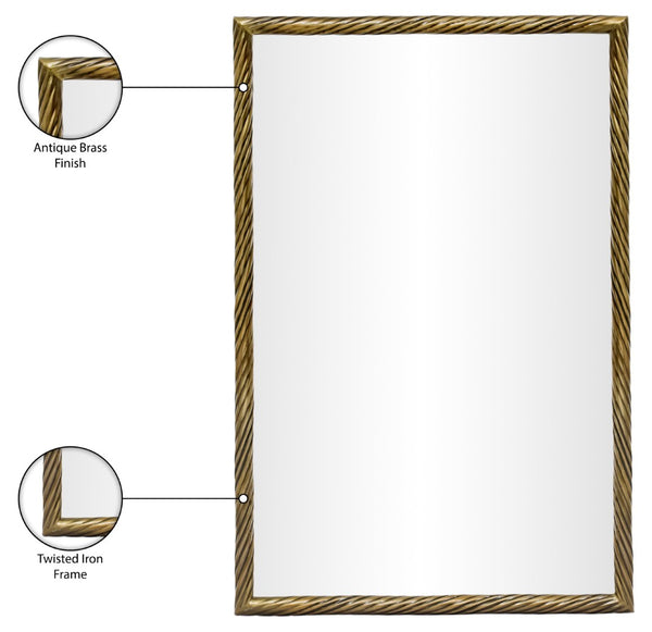 Meridian Furniture Avara Sculptural Iron Wall Mirror with Antique Brass Coiled Frame for Entryway 66073Gold-M47