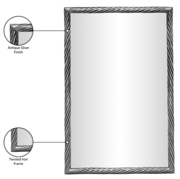 Meridian Furniture Avara Twisted Iron Wall Mirror Antique Silver Sculptural Frame for Modern Interiors 66073Silver-M31