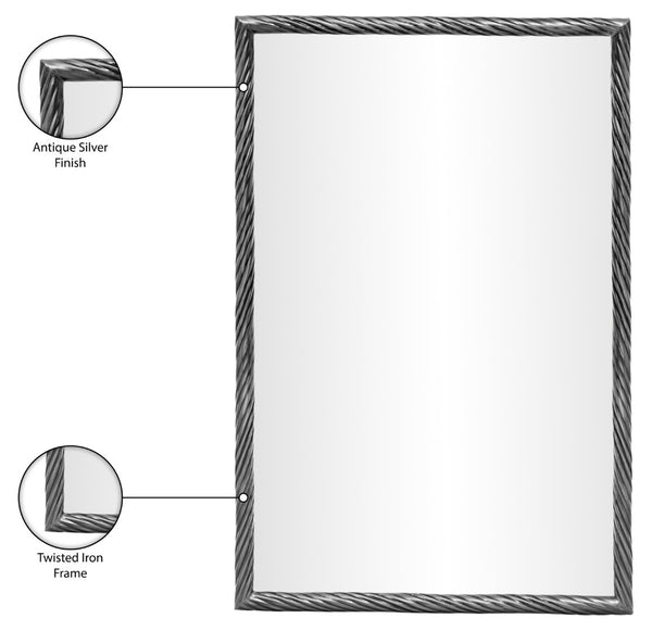 Meridian Furniture Avara Sculptural Twisted Iron Wall Mirror with Antique Silver Finish for Entryway 66073Silver-M47