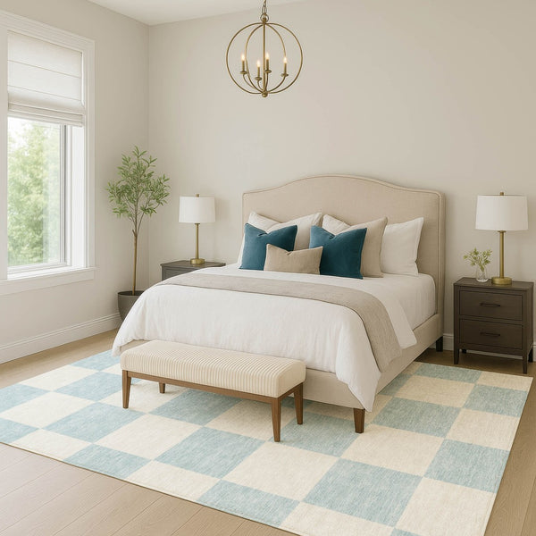 HomeRoots 5' Sky Blue & Ivory Geometric Area Rug - Durable, Washable, Stylish for Indoor & Outdoor Spaces 660752