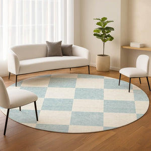 HomeRoots 8' Sky Blue Geometric Round Area Rug - Durable, Washable, Perfect for Indoor & Outdoor Spaces! 660753