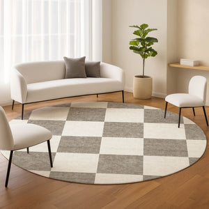 HomeRoots 8' Taupe and Ivory Round Geometric Washable Rug - Stylish, Durable Indoor/Outdoor Area Essential! 660759