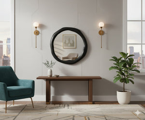Meridian Furniture Armada Round Aluminum Wall Mirror Art Deco Frame for Entryway Living Room or Bedroom Black 30 inches 66075Black-M30