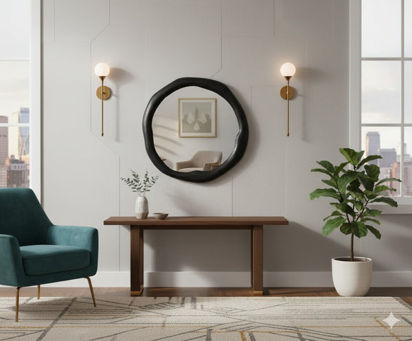 Meridian Furniture Armada Round Aluminum Wall Mirror Art Deco Frame for Entryway Living Room or Bedroom Black 30 inches 66075Black-M30