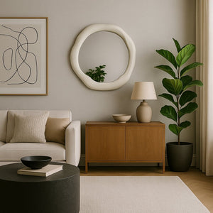 Meridian Furniture Armada Round Aluminum Wall Mirror Art Deco Frame for Entryway Living Room or Bedroom Cream 24 inches 66075Cream-M24