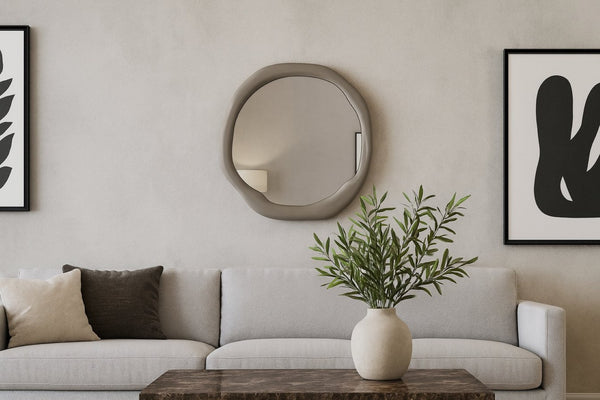 Meridian Furniture Armada Round Aluminum Wall Mirror Art Deco Frame for Entryway Living Room or Bedroom Taupe 24 inches 66075Taupe-M24