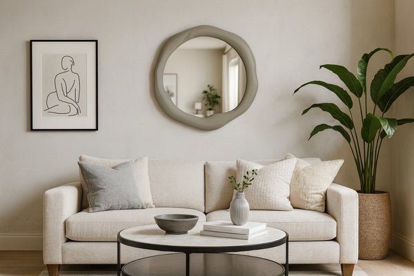 Meridian Furniture Armada Round Aluminum Wall Mirror Art Deco Frame for Entryway Living Room or Bedroom Taupe 30 inches 66075Taupe-M30