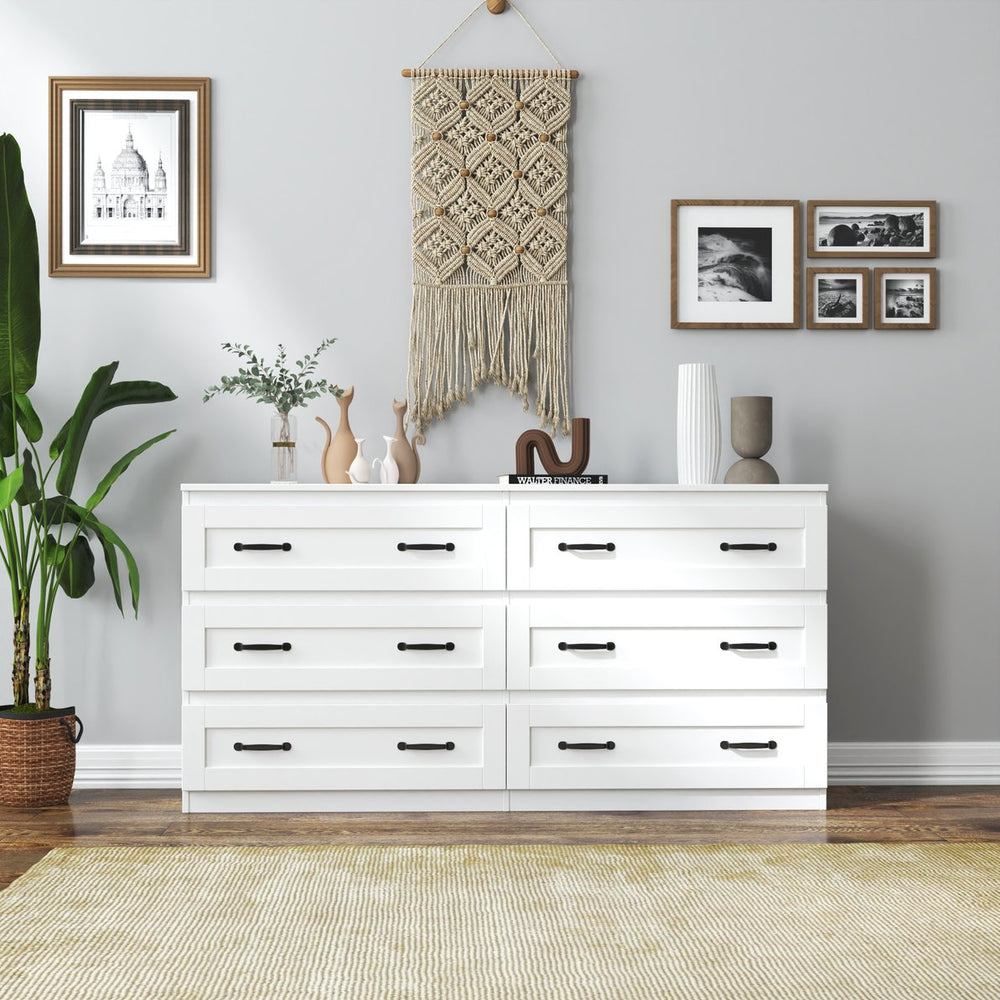 English Elm Modern White 6-Drawer Side Cabinet with Metal Handles – Spacious Wood Chest for Living Room, Bedroom Storage W331S00164