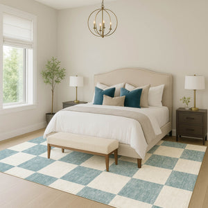 HomeRoots 5' Stylish Teal Blue & Ivory Geometric Area Rug – Durable, Washable, Indoor/Outdoor Versatile Design! 660764