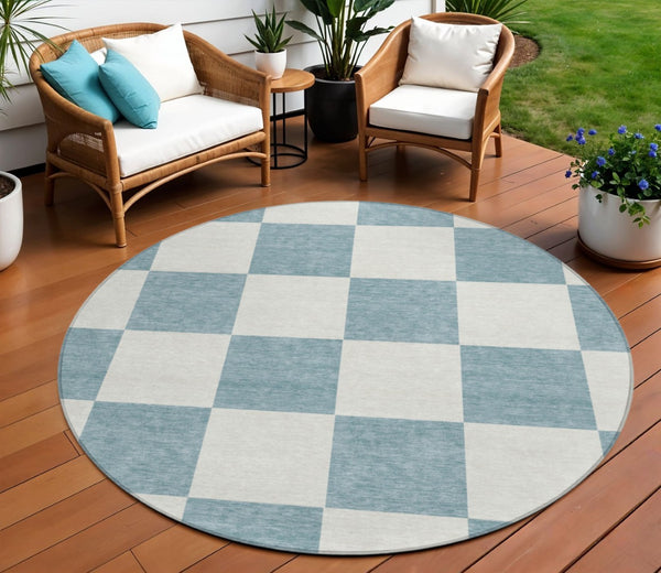 HomeRoots 8' Teal Blue Round Geometric Indoor Outdoor Area Rug - Durable, Washable, Modern Design for All Spaces 660765