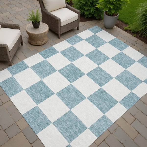HomeRoots 8' X 10' Teal Blue & Ivory Geometric Area Rug – Washable, Durable, Indoor-Outdoor Perfect for High-Traffic Spaces 660766