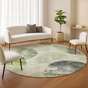 HomeRoots 8' Artichoke Green & Ivory Round Abstract Rug – Stylish, Washable, Indoor/Outdoor, Durable Design 660777