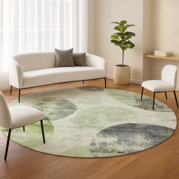 HomeRoots 8' Artichoke Green & Ivory Round Abstract Rug – Stylish, Washable, Indoor/Outdoor, Durable Design 660777