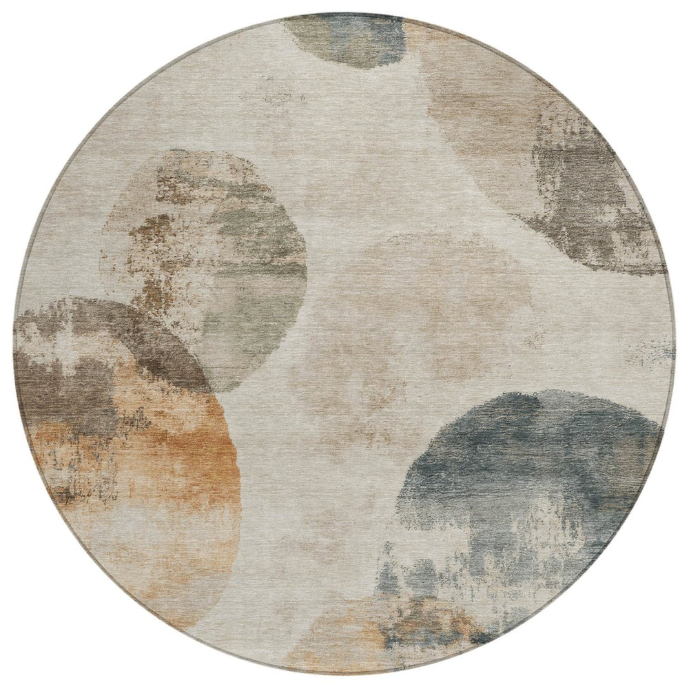 HomeRoots 8' Round Abstract Area Rug in Beige, Khaki & Ivory – Durable Washable Indoor/Outdoor Style for All Spaces 660783