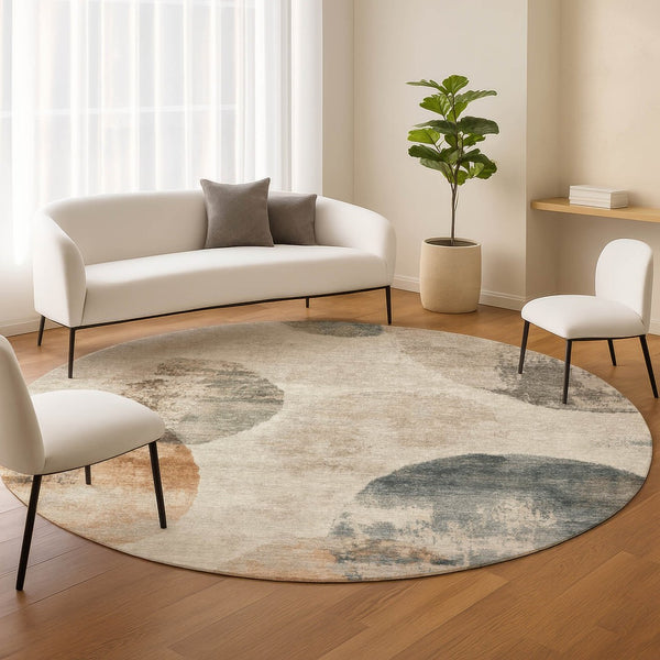 HomeRoots 8' Round Abstract Area Rug in Beige, Khaki & Ivory – Durable Washable Indoor/Outdoor Style for All Spaces 660783