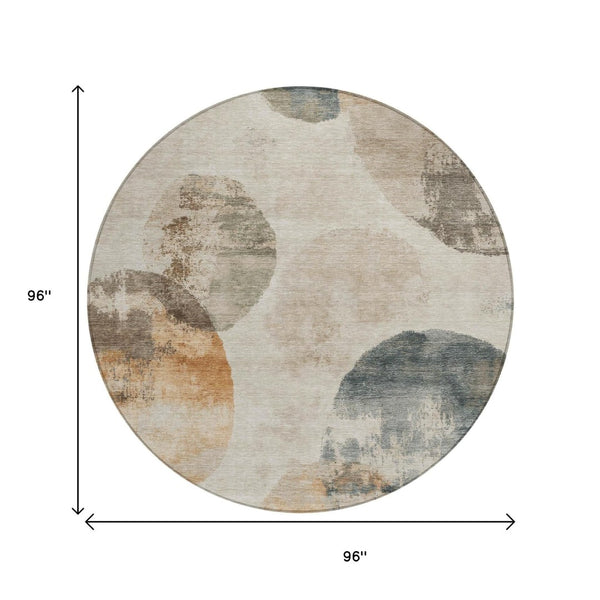 HomeRoots 8' Round Abstract Area Rug in Beige, Khaki & Ivory – Durable Washable Indoor/Outdoor Style for All Spaces 660783