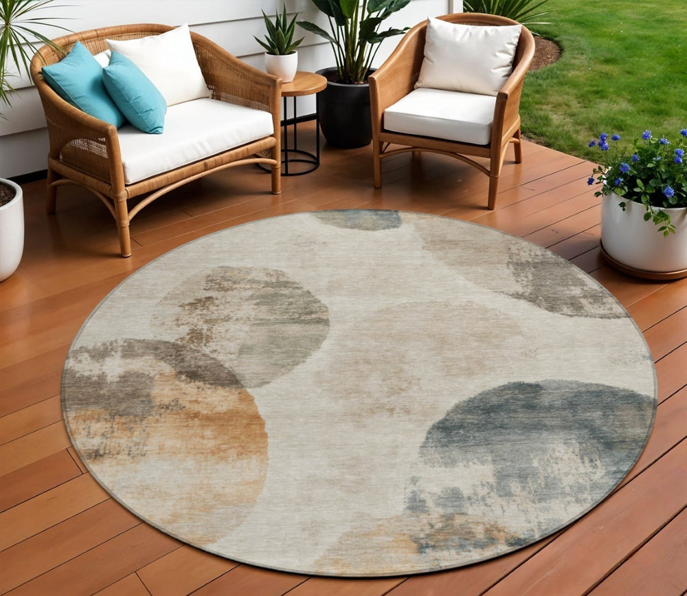 HomeRoots 8' Round Abstract Area Rug in Beige, Khaki & Ivory – Durable Washable Indoor/Outdoor Style for All Spaces 660783