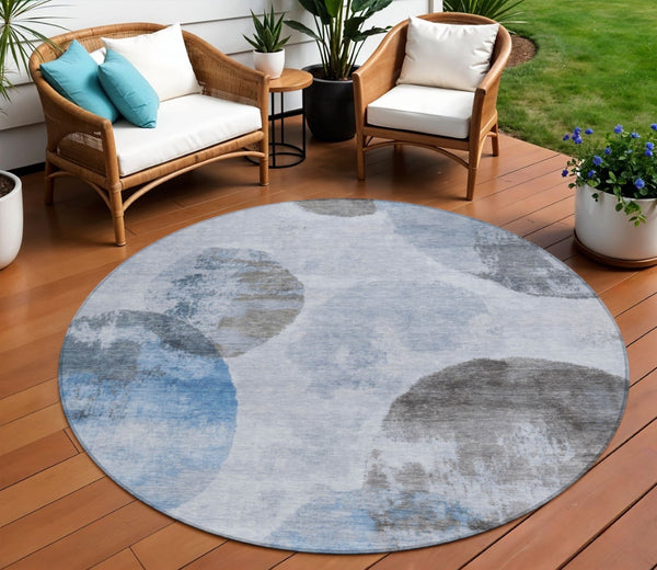 HomeRoots 8' Modern Abstract Round Area Rug in Denim Blue, Taupe & Ivory - Washable, Durable for Indoors & Outdoors 660789
