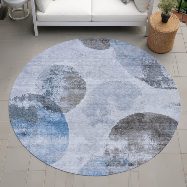 HomeRoots 8' Modern Abstract Round Area Rug in Denim Blue, Taupe & Ivory - Washable, Durable for Indoors & Outdoors 660789