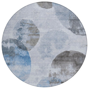 HomeRoots 8' Modern Abstract Round Area Rug in Denim Blue, Taupe & Ivory - Washable, Durable for Indoors & Outdoors 660789