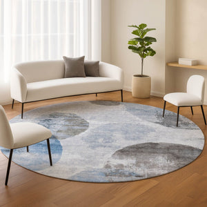 HomeRoots 8' Modern Abstract Round Area Rug in Denim Blue, Taupe & Ivory - Washable, Durable for Indoors & Outdoors 660789
